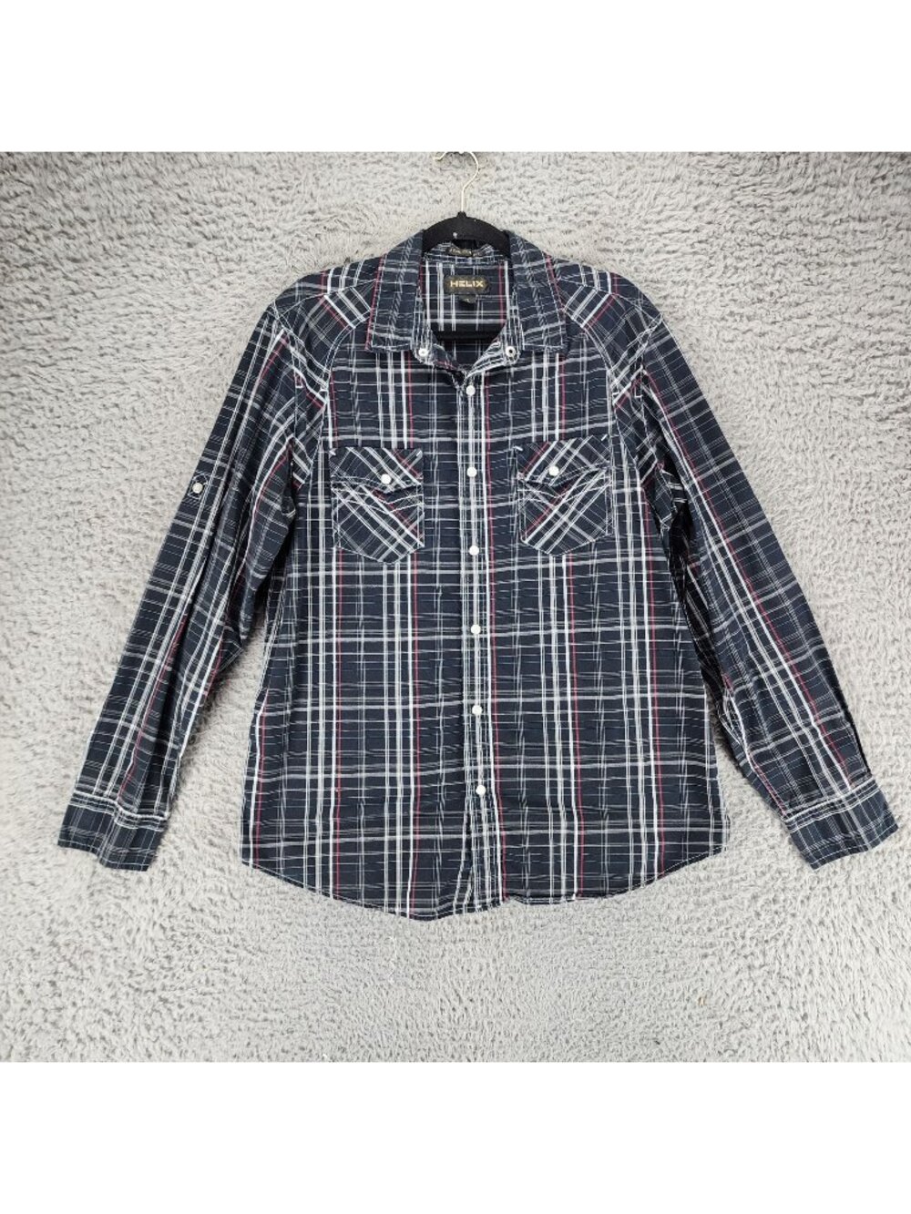 Helix Shirt Mens XL Navy Blue Plaid Long Sleeve Black Snap